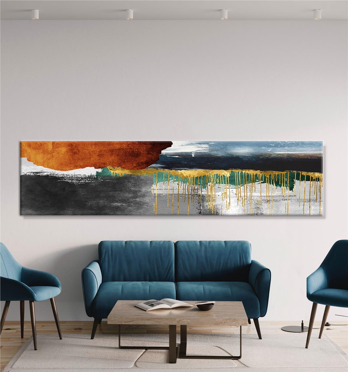 Yeşil-Siyah-Turuncu-Mavi-Altın Soyut Kanvas Baskı Tablo